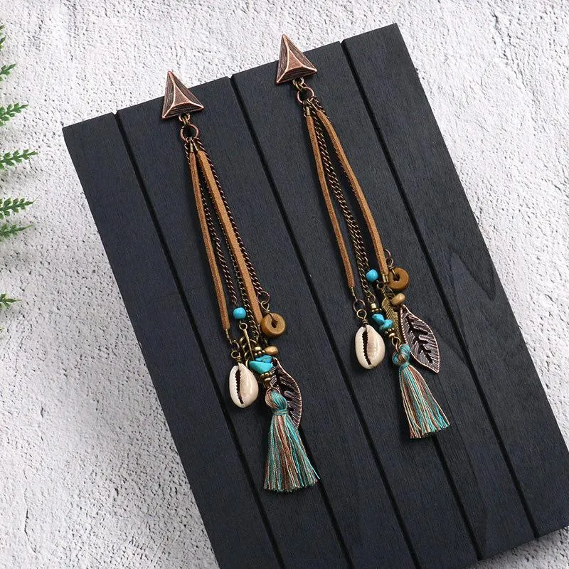 Boucles d'oreilles pendantes Boho longues pampilles en cuir, bijoux tibétains Vintage, coquille d'été gitane pour femmes