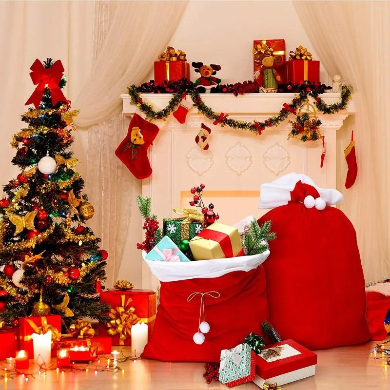 Presentf￶rpackning 2023 g￥vor f￶rvaringsp￥se med dragsk￥dor stor sammet Santa s￤ckv￤skor f￶r Xmas nuvarande leksaker ￥r dekoration