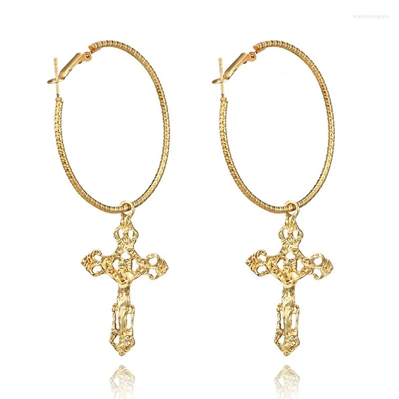 Hoop Earrings SRCOI Punk Hyperbole Jesus Big Cross Circle Sexy Alloy Round Bohemian Baroque Accessories Women Party Gold Earring