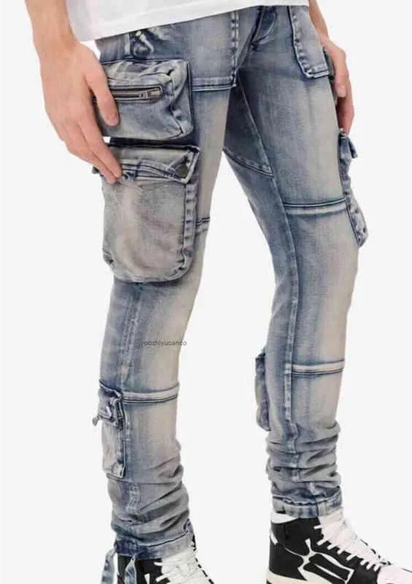 Amirs diseñador hombres jeans Amirs nueva calle principal Multi bolsillo viejo azul ropa de trabajo locomotora lavado cinta jeans marea marca poiso291V