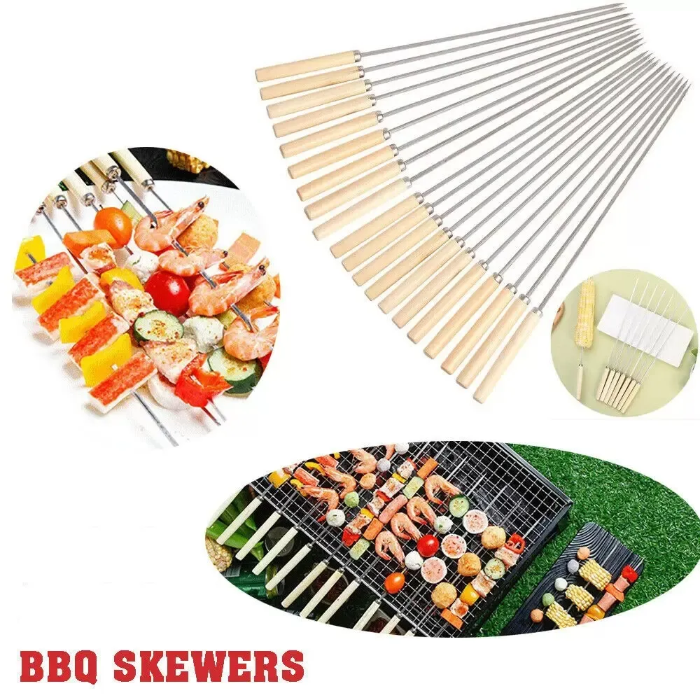 Barbecue brochette manche en bois acier inoxydable brochettes brochettes Camping en plein air cuisine BBQ outils plat Barbecue bâtons