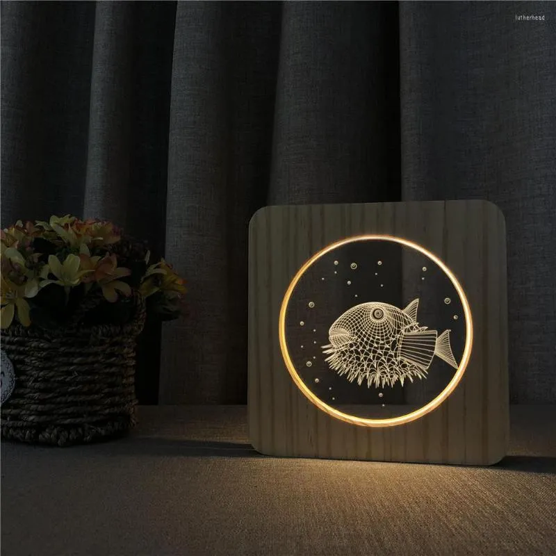 Nattlampor Puffer Fish 3D LED Arylisk trälamptabell Ljus Switch Control Carving for Children's Birthday Party Home Dekorera