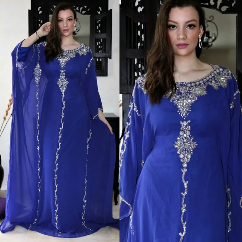 Kraliyet mavi gece elbiseler Arapça Dubai Abaya Fas Kristalleri Boncuklu Uzun Kollu Caped Zemin Uzunluğu Müslüman Balo Parti Gowns