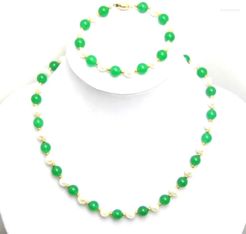 Choker Qingmos 6-7mm rund naturligt vitt pärlhalsband armband för kvinnor med Green Jades Stone Match 7.5 "C1016