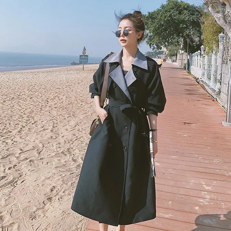 Trench feminina Coats feminino Black Windbreaker Primavera Autumn Coreano de alta qualidade estilo britânico Jaqueta casual longa feminina moda solta