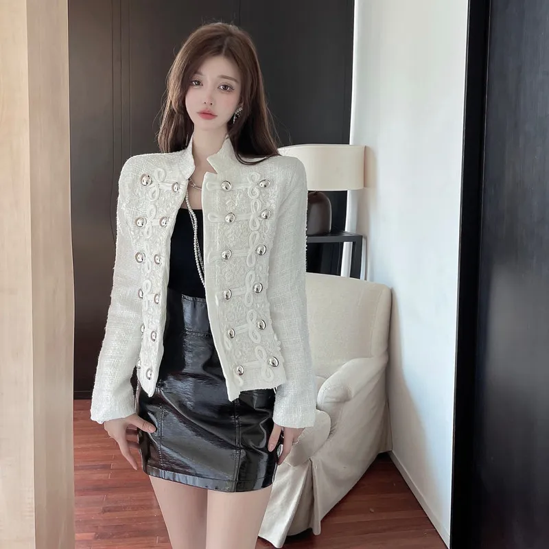 Women's stand collar shrug shoulder frog decoration tweed woolen short jacket SML