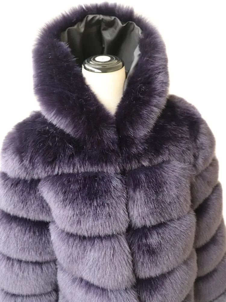여성 두꺼운 따뜻한 짧은 가짜 폭스 모피 코트 후드가있는 암컷 긴 소매 가짜 모피 재킷 퍼지 코트