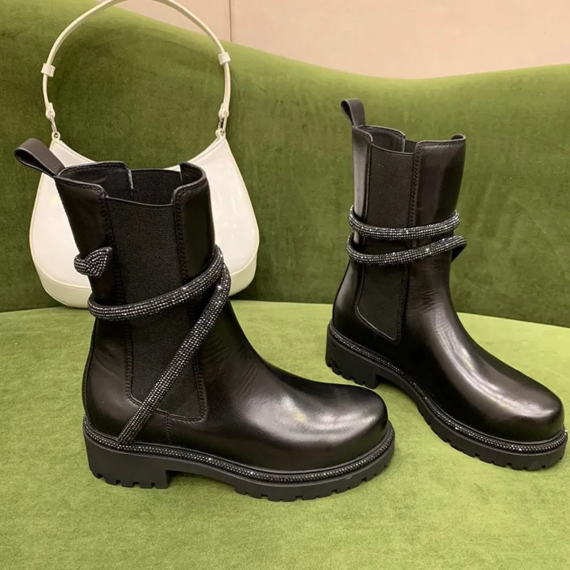 Зимняя модная бренда Chelsea Boot Discovery Flat Женские ботинки на лодыжке перекрестная ремешок изготовленные черные теленко