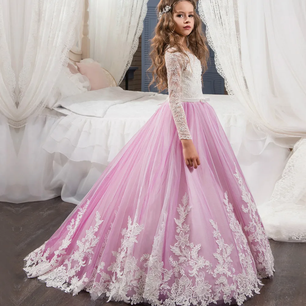 Spetsblommor Girl Bows Children's First Holy Communion Dress Princess Tulle Ball Gown Wedding Birthday Christmas Halloween Party klänningar 2-14 år 403