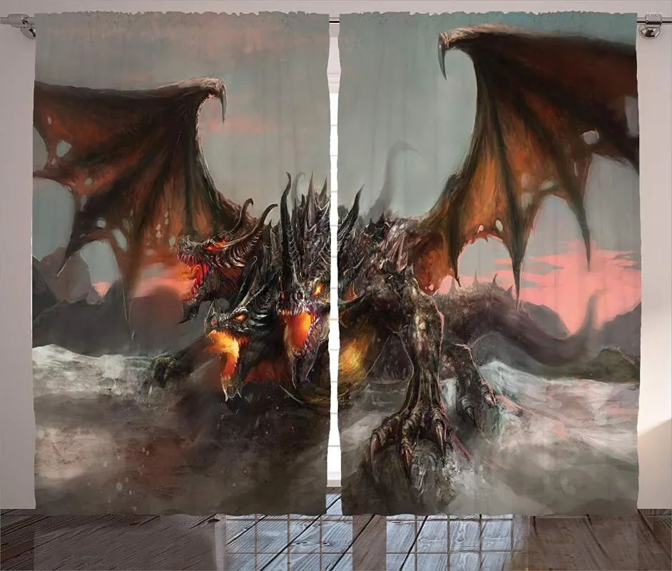 カーテンファンタジーワールドカーテン3つの見出しの火のイラスト呼吸ドラゴン大きなモンスターゴシックテーマリビングルームベッドルームの装飾