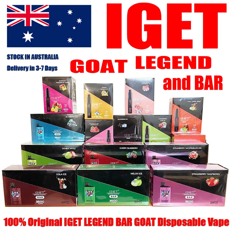 Estoque na Austrália Disponível Vape Iget Legend Bar Goat POD Dispositivo Kit 4000 Puffs 12ml Preenchimento de cartucho preenchido Battery Stick caneta cabra xxl rei gunnpod js Energia
