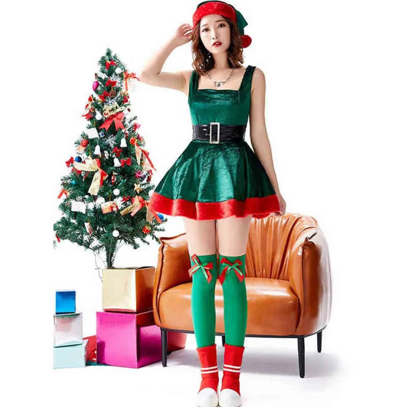 Sahne Giyim Kadınlar Noel Seksi Yeşil Noel Elbisesi Noel Baba Cosplay Yetişkin Üniforma Yeni Yıl Partisi Noel Süslü Elbise T220901