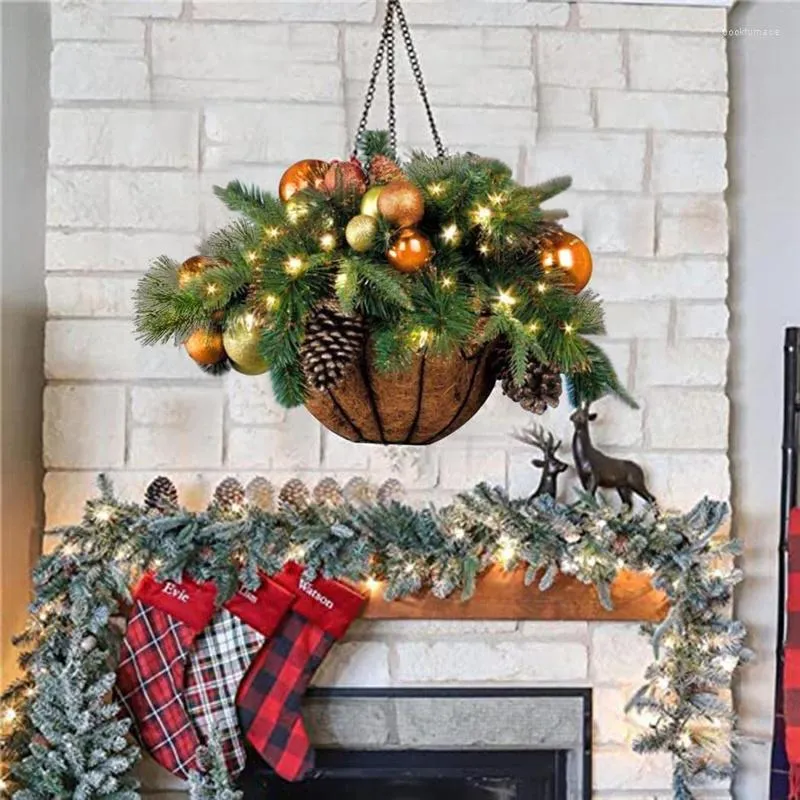 Christmas Decorations Artificial Hanging Basket Flocked With Mixed And LED Lights Ornament Xmas Home Decor For Festive