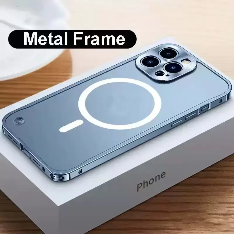 금속 마그네틱 케이스 무선 충전 용 알루미늄 합금 프레임 iPhone 14 용 전화 케이스 13 12 11 Pro Mini Max 반투명 매트 커버