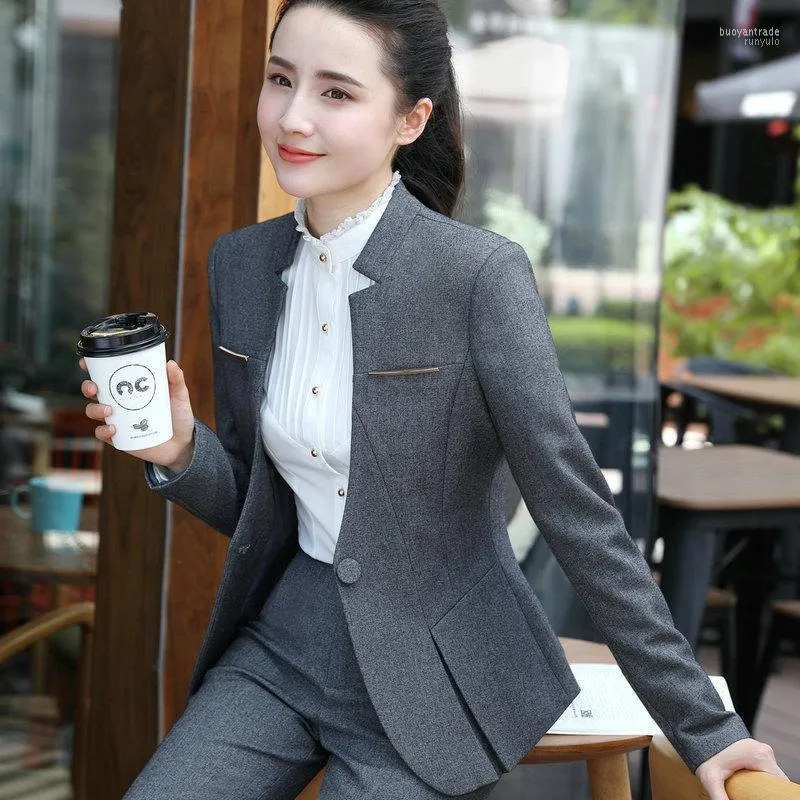 여성용 투피스 바지 그레이 블레이저 및 여성용 유니폼 여성용 정장 바지 우아한 슬림 비즈니스 Blezer Femenina Office Wear