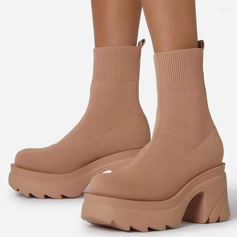 Stivali moda donna tacchi con plateau scarpe invernali da donna caviglia lavorata a maglia Botas Mujer 2022 autunno femminile