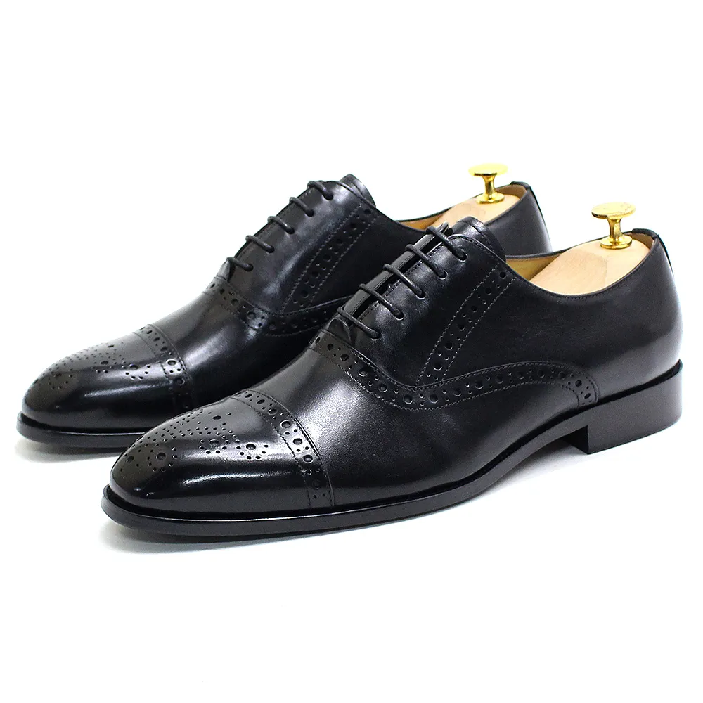 Men Dress Shoes Genuine Leather Oxford Luxury Handmade Lace-up Brogue Cap Toe Wedding Formal Shoes Male Business Office Footwear