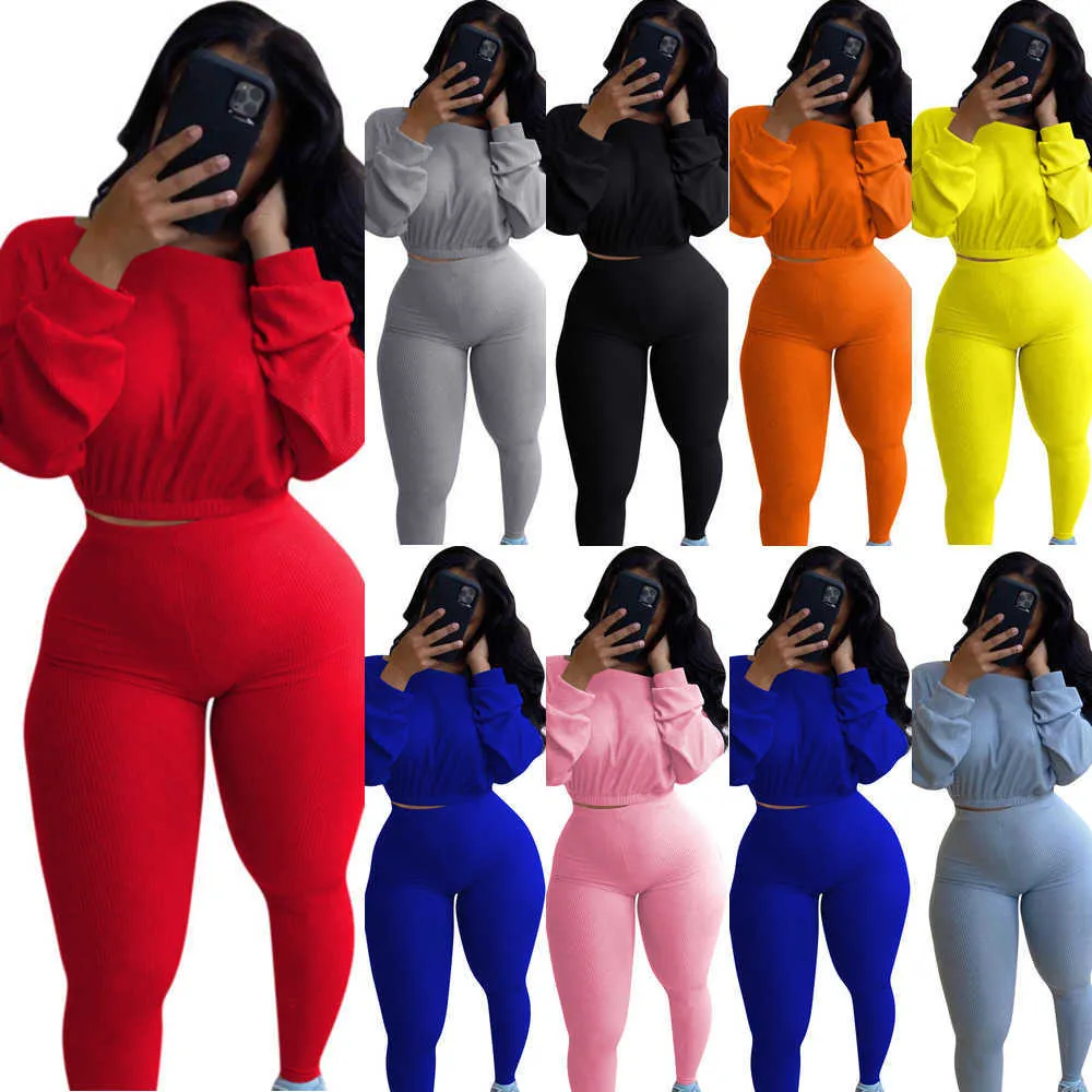 Retail Women 4xl Clothing Fashion Tracks Peits Solid Rib Long Sleeve pullover strakke broek Outfits Ladies Streetwear Casual Sports Suit