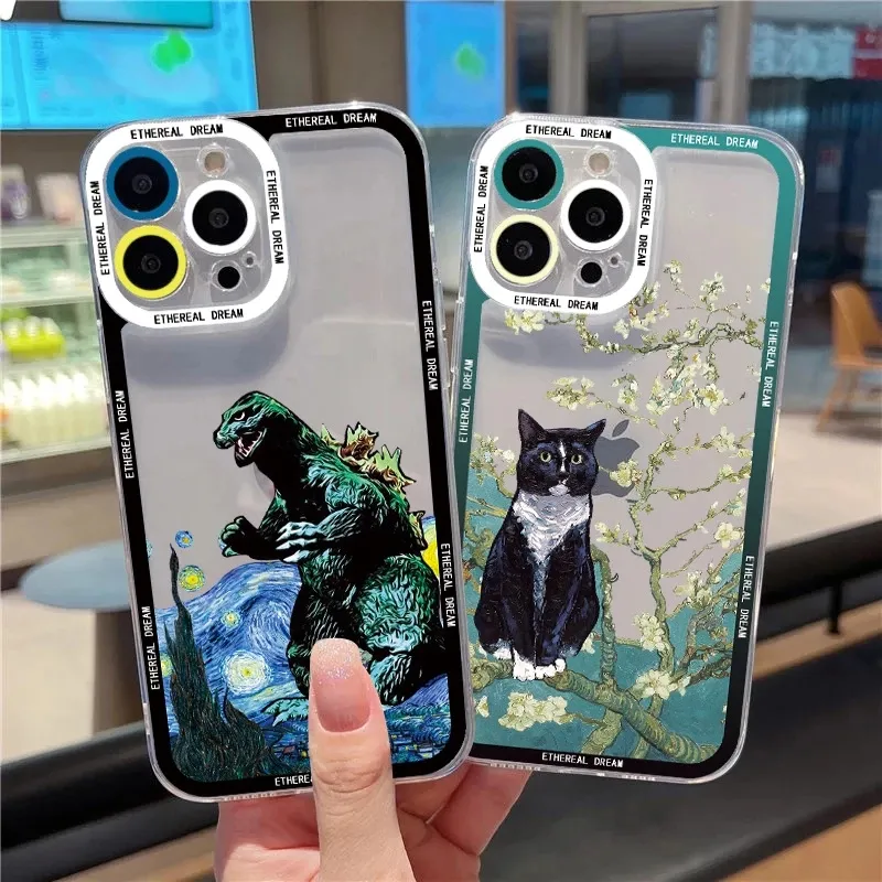 Luxury Spoof Van Gogh Måla tydliga telefonfodral för Coque iPhone X XR XS 11 12 14 13 Pro Max 7 8 Plus SE2 Case Art Phone Covers