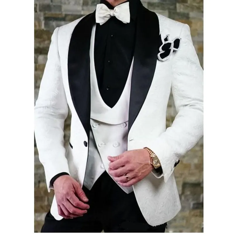 Smoking da sposo con risvolto con scialle nero con un bottone bello, giacca e pantaloni da sposo con gilet