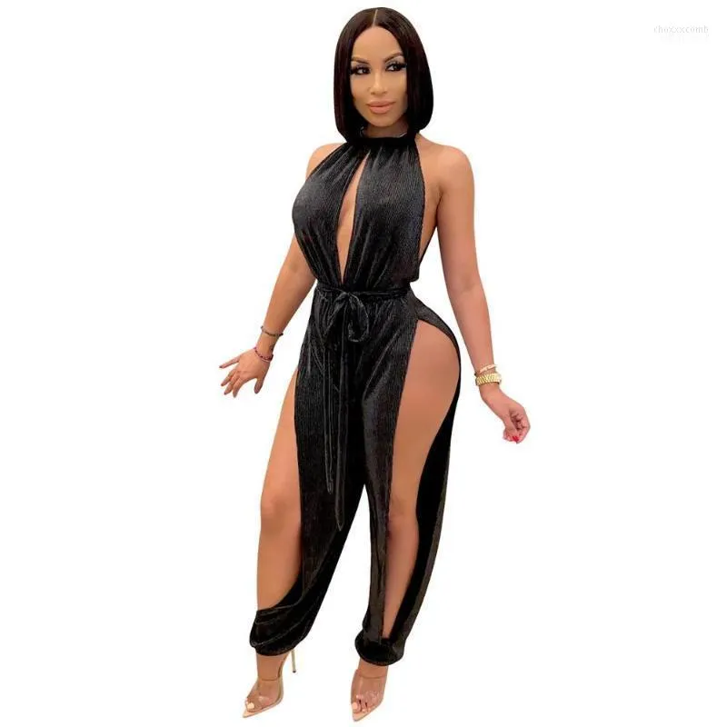 Women's Jumpsuits Sexy Women Jumpsuit Drawstring Split Sleeveless Long Romper Party Night Clubwear Overalls Women's & Rompers