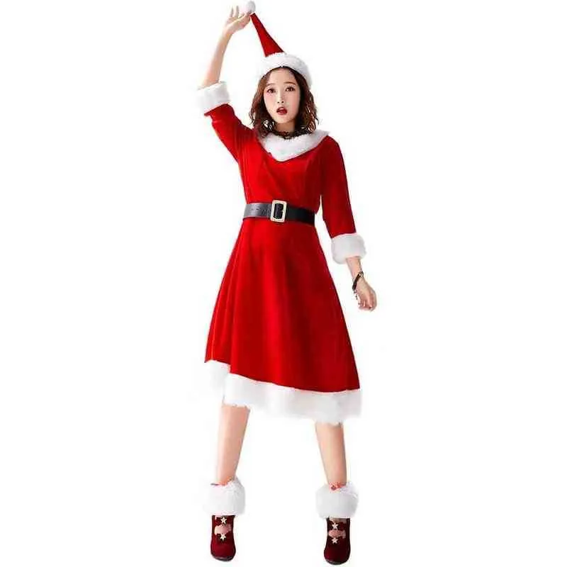 Sahne Giyim Deluxe Women Christmas Velvet Elbise Bayan Noel Baba Seksi Noel Gelen Kıyafet Kırmızı Uzun V-Yaka Kız Elbiseler Performans Kıyafet T220901