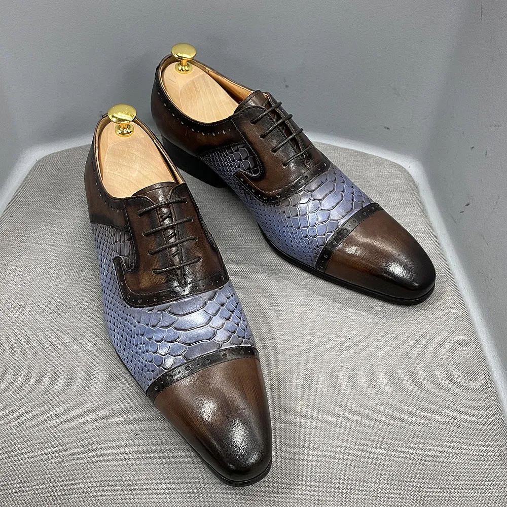 Daniel Wafer Real Cow Leather Men's Dress Shoes Handmade snörning Oxford Snake Print Pointed Cap Toe Party Formal Shoes for M