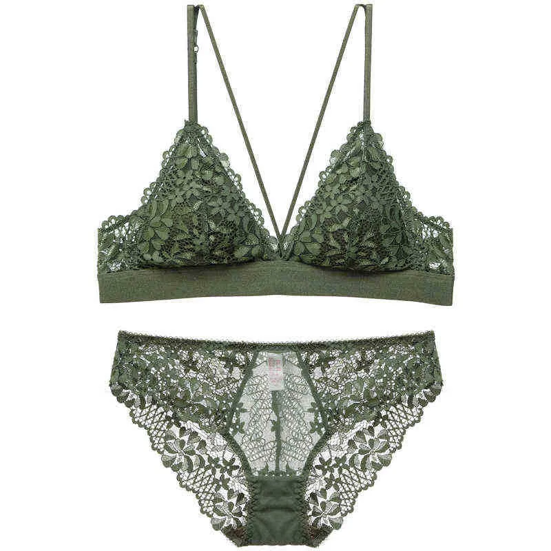 BH's sets Bralette met bandjes, elastische onderband-bh's en panty's, ongevoerd, draadloos, dentelle ondergoed, dameslingerie, legergroene beha, T220907