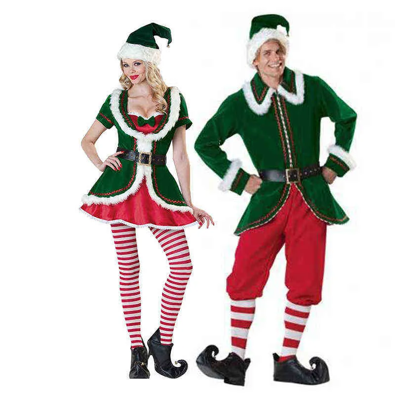 Sahne Giyim Deluxe Yetişkin Noel Claus Gelen Yeşil Xmas Elf Çift Cosplay Karnaval Macot Partisi Fantezi Elbise T220901