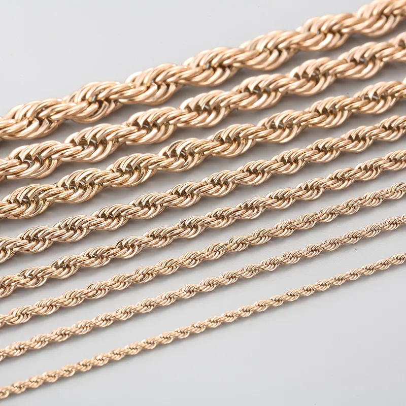 Różowe złoto singapurskie łańcuch łańcucha linowego łańcucha łańcucha ze stali nierdzewnej dla kobiet męskie 2/2,4/4/8 mm szerokość 24 cali