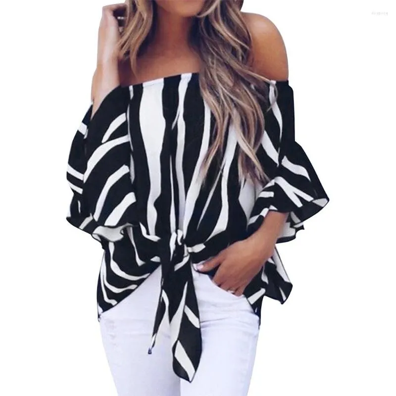 Bluzki damskie Summer Sexy Women Striped Shirt Elegancka szyja na ramię Bluzka z rękawem ol luźna bandaż na górze vintage camisa