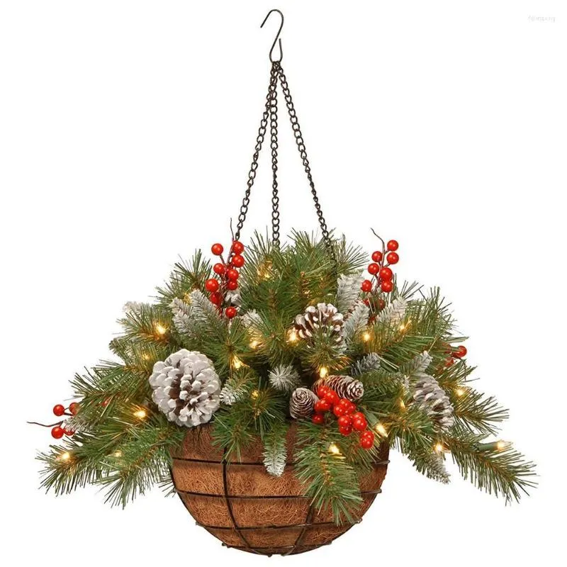 Christmas Decorations Artificial Baskets Basket With Lights Snow Covered Pine Cones Needles Branches Red Berry Stems F