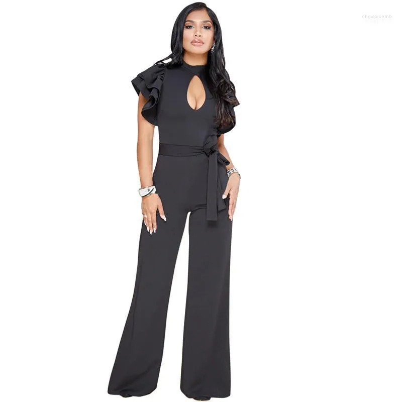 Women's Jumpsuits Sexy Hollow Out Elegant Summer Black Romper Women Fashion Petal Sleeve Sashes Casual Wide Leg Jumpsuit Female Overalls