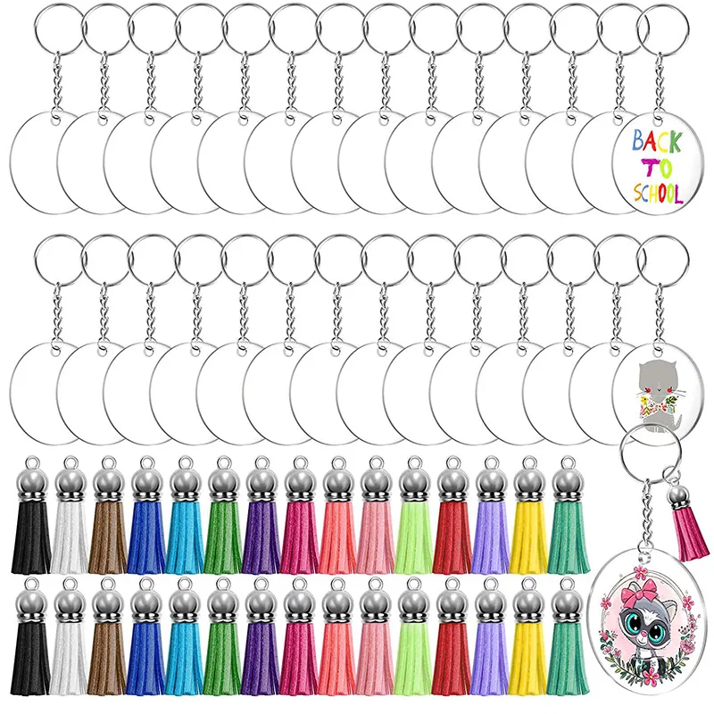 Keychains Lanyards 1 Set Acrylic Clear Circle Blanks Keychain Tassels Set Keyring Jump Rings for Jewelry DIY 221024