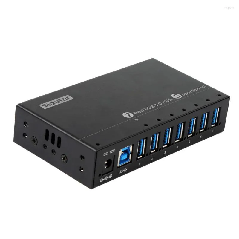 Sipolar Metal 7 Ports USB 3.0 Hub Multi Port Splitter Charger med 12V 3A Power Adapter LED-indikator Din-Rail Mountable