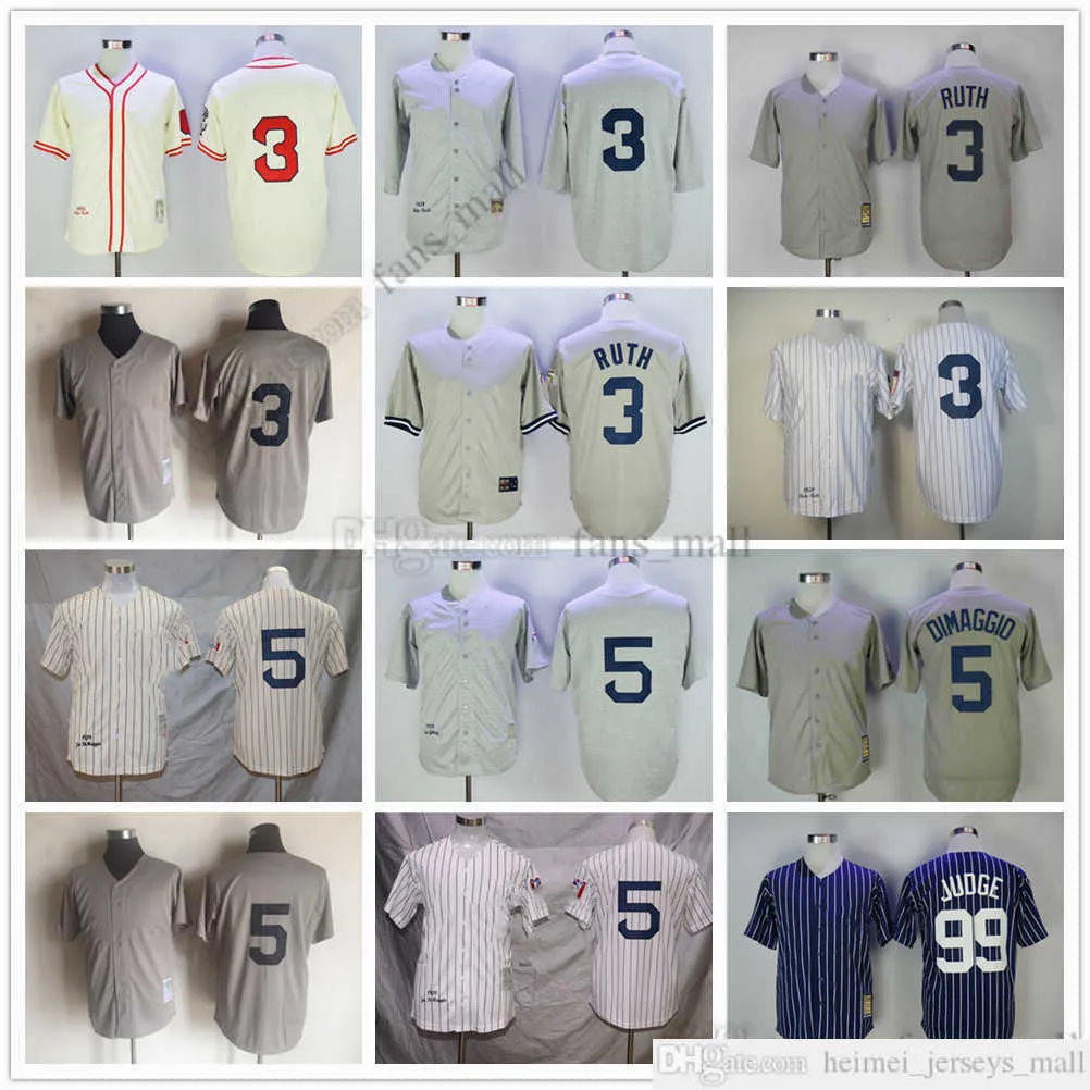 Película Mitchell y Ness Baseball Jersey Vintage 3 Babe Ruth Jersey 5 Joe DiMaggio 99 Aaron Judge Cosido Transpirable Sport Sale Alta calidad