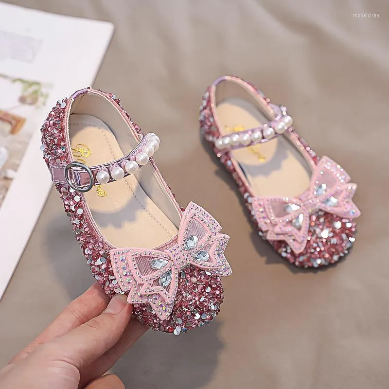 Flat Shoes Kids Girls Sequined Pearl Bowknot Princess Fashion Children's Rhinestone Dance Performance