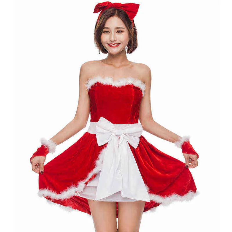 Stage Wear Cute Ladies Christmas Velvet Tube Top Mini Dress Girl Santa Claus Xmas Outfit Come T220901