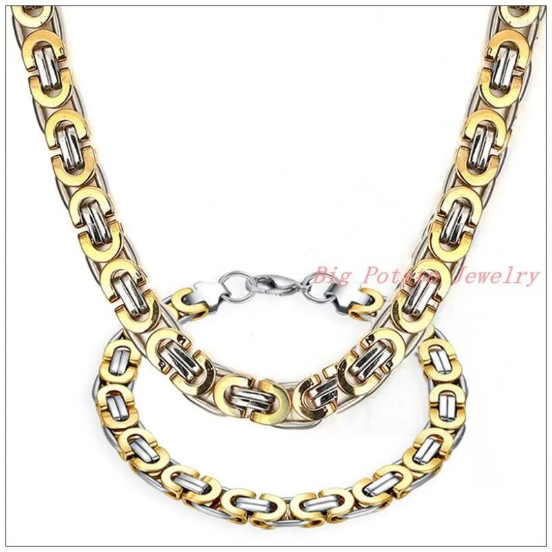 Halskette Ohrringe Set 6/8/11mm charmant silber/goldene Farbe Falt Byzantiner Kette Edelstahl Herren Damen 21,6 "Armband