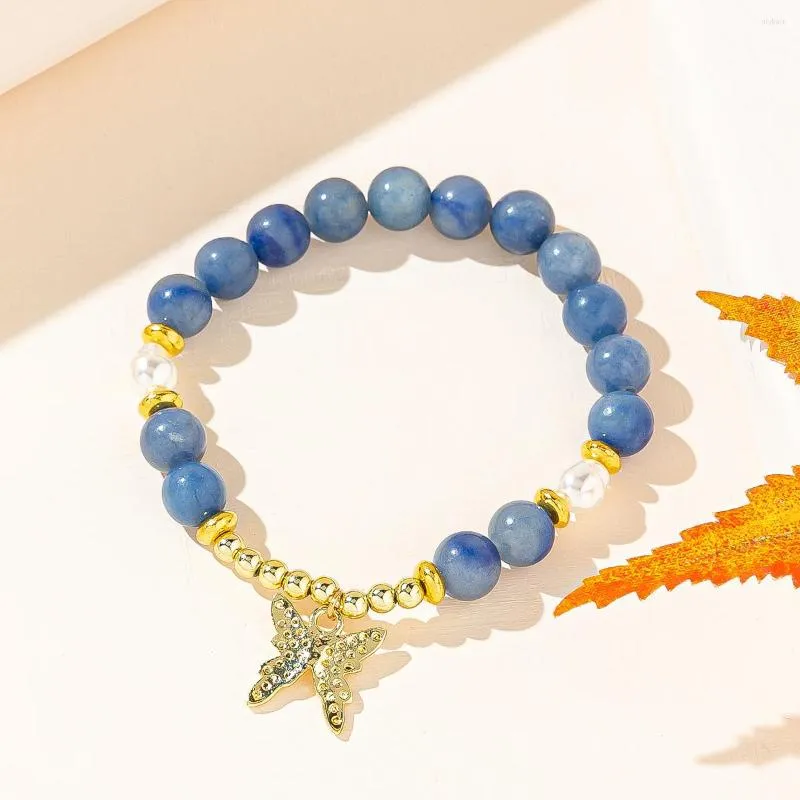 Strand Gold Tone Butterfly Charme Natural Stone Blue Breads Spacer Bracelet para mulheres