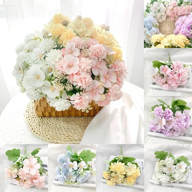 Decorative Flowers Bride Wedding Artificial Champagne Hydrangea Bouquet Bridesmaid Bunch Fake Flower For Party Supplies Home Decor