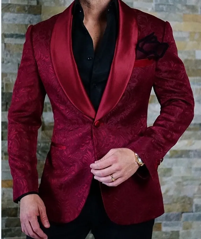 Bordeaux Papillon Jacquard Groom Tuxedos Motif tridimensionnel en relief Blazer pour homme Costumes 2 pièces Robe de mariée Vêtements de bal Multicolore en option