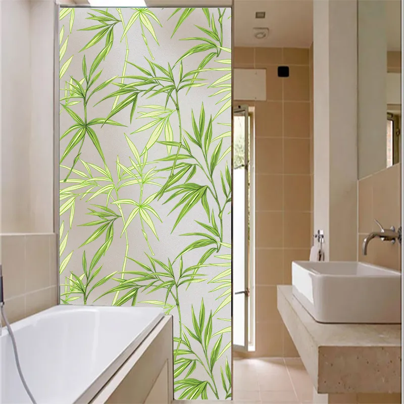 Wall Stickers Nuelife 3D green bamboo leaves pattern gluefree electrostatic glass film window opaque home sliding door bathroom privacy film 221022