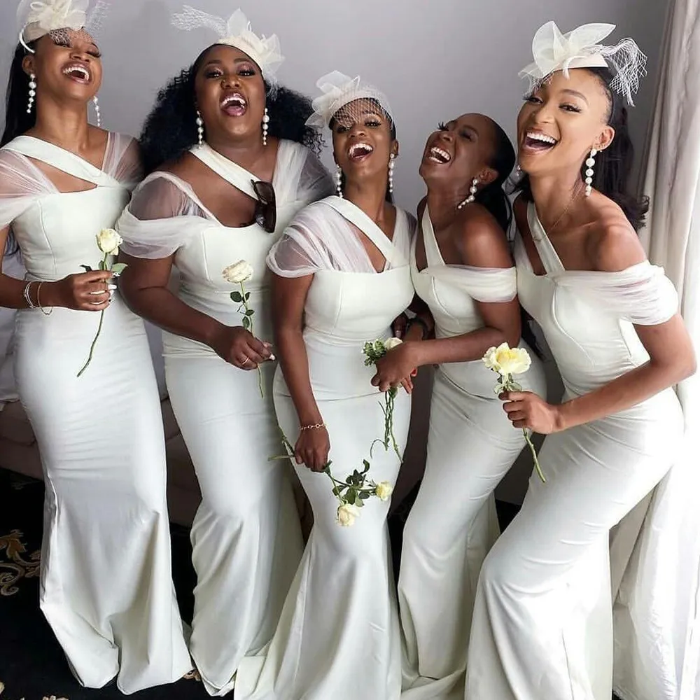 Afrikaanse zwarte meisjes bruidsmeisje jurken nieuwe sexy zeemeermin witte satijn lange trouwfeestjurk vrouwen formele jurken aangepaste prom -jurken aangepaste prom -jurken