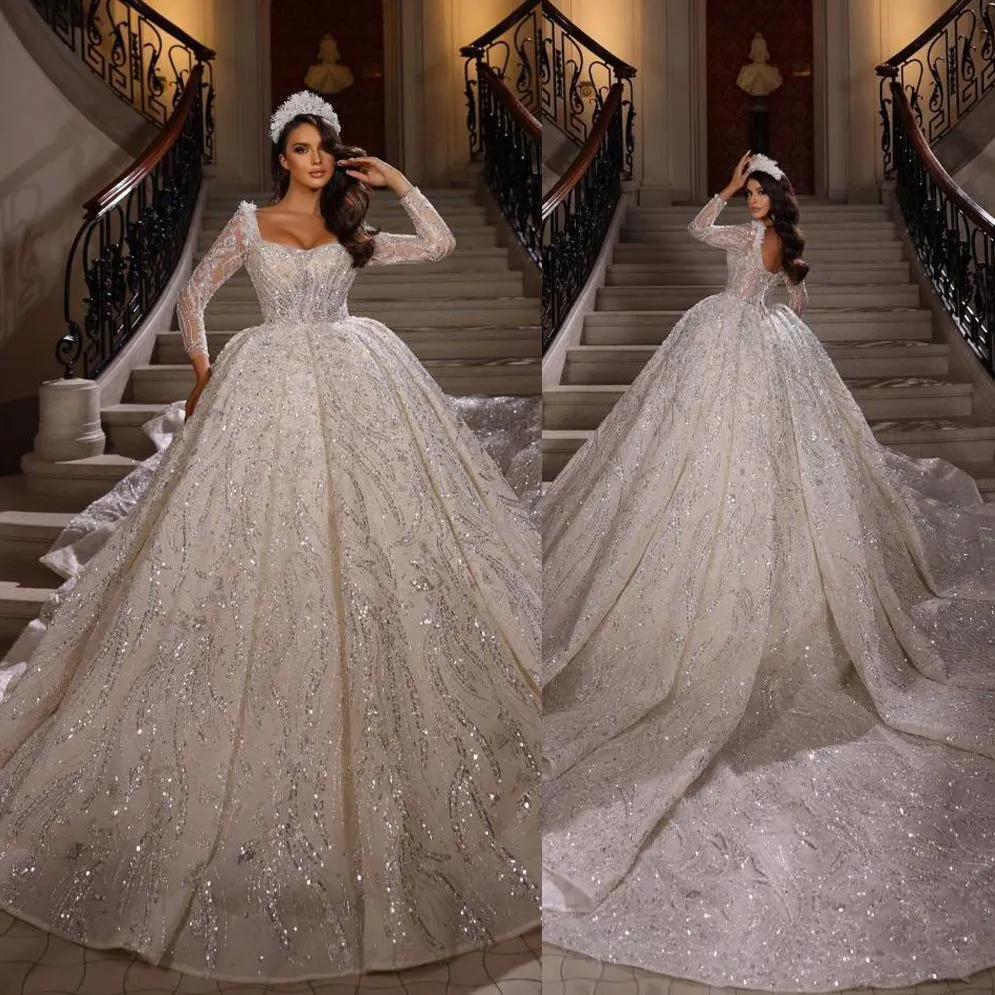 Exquisite Sequins Wedding Dress Ball Gown Custom Made Square Neck Full Sleeve Lace Beads Long Train Church Bridal Dresses