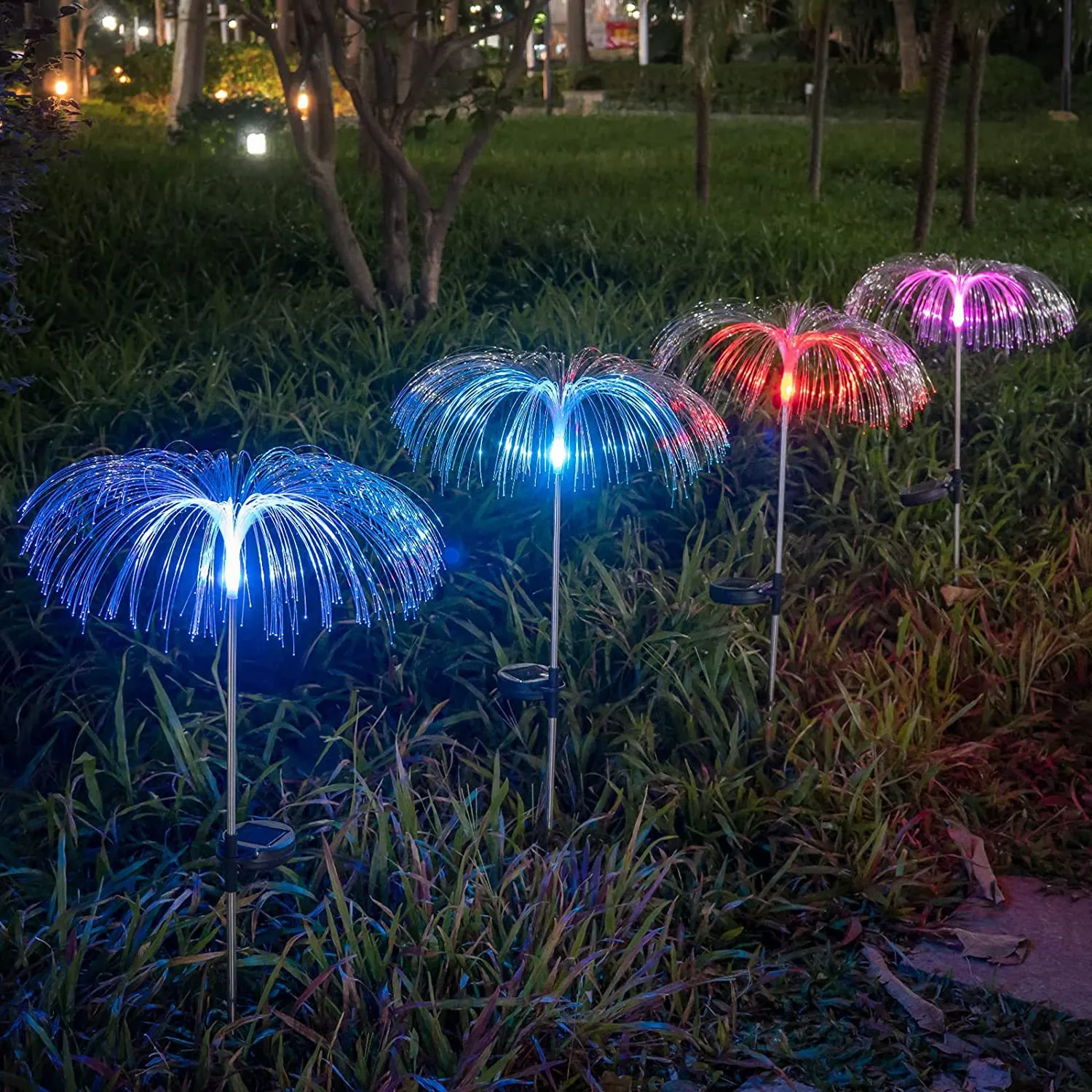 KAIVESEA Solar Christmas Jellyfish Lights – 3-Pack, 5-Layer Fiber Optic Trees, 7 RGB Color Changing, IP65 Waterproof, Auto On/Off For Yard & Patio