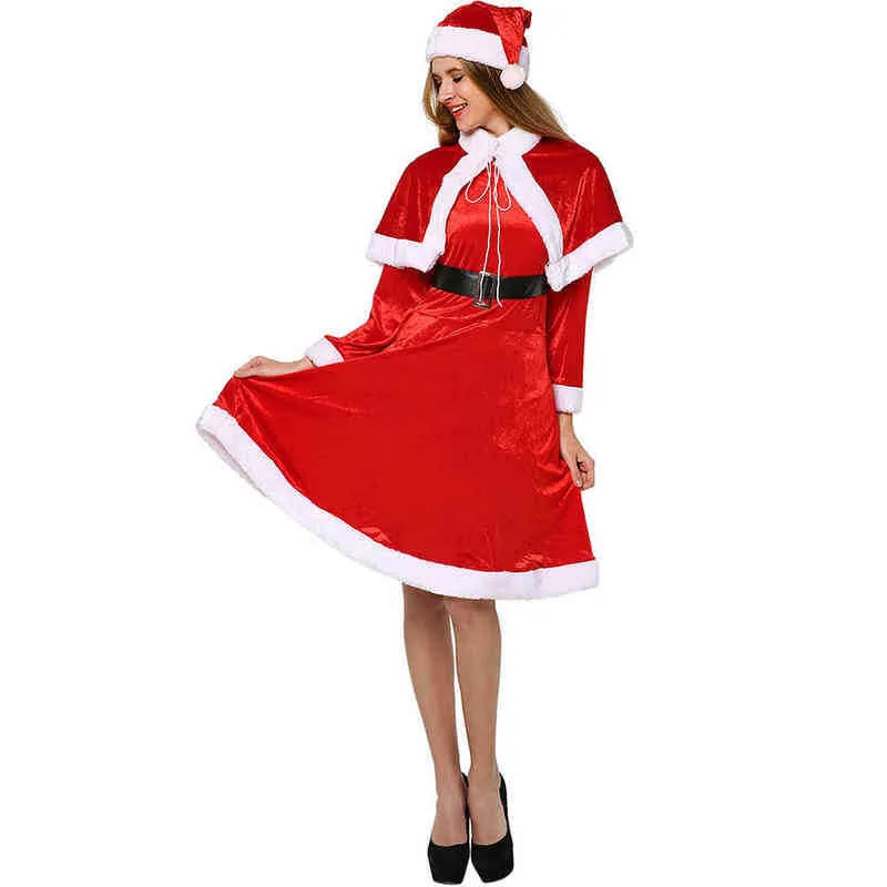 Scenkläder plus storlek Miss Santa Claus Cosplay Christmas Come For Women Adult Christmas New Year Party Fancy Dress Velvet Cloak Hat T220901