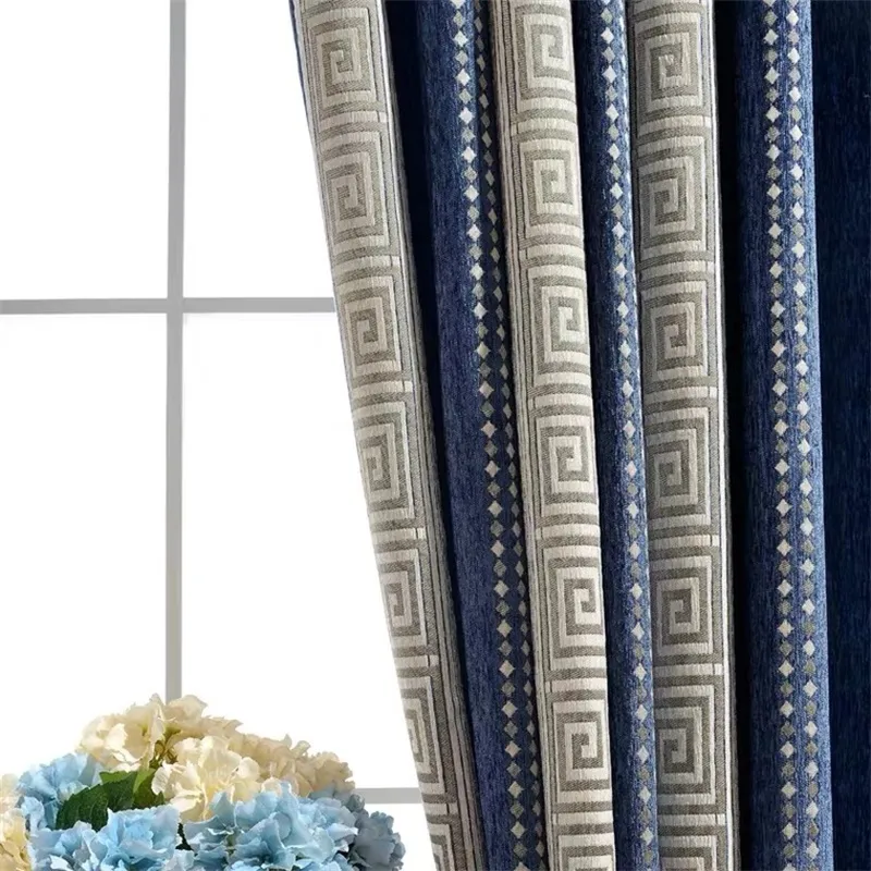 Rideau chinois luxe marine géométrique rayage rideau chenille curtians pour salon drapes villa décoration de maison 221021