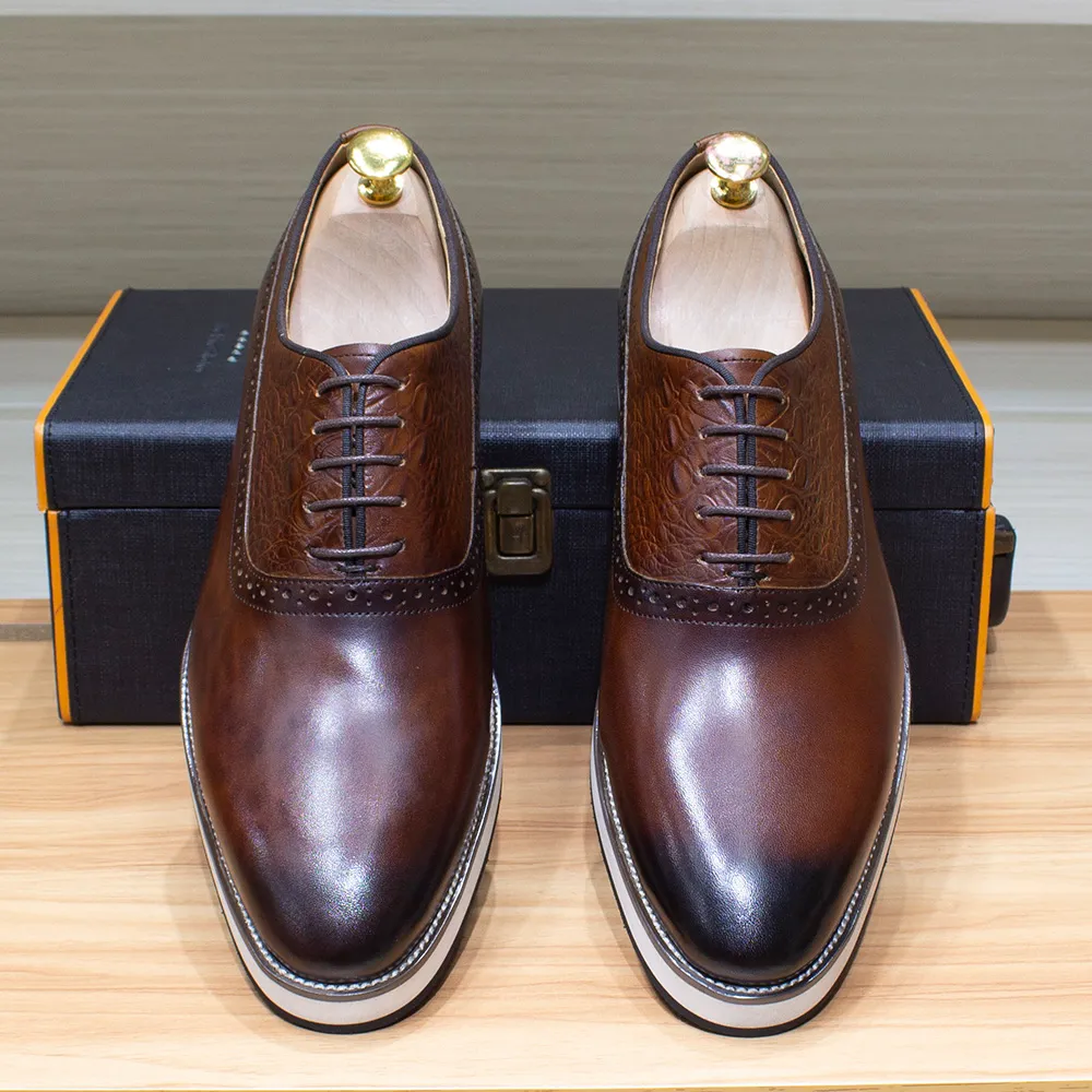 Herren-Oxfords, klassische handgefertigte Schnür-Casual-Business-Schuhe, echtes Leder-Sneakers, Krokodilmuster, schlichte Zehenpartie, flache Schuhe