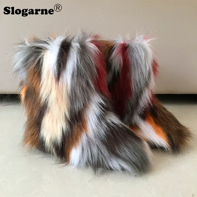 Boots Winter Snow Outdoor Luxury Furry Faux Fur Woman Plush Warm Platform Shoes Fashion Bottes Big Size 44 221022